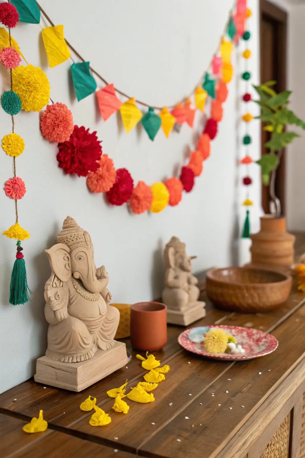 DIY crafts such as paper garlands and clay figures, suited for family bonding during the festival.