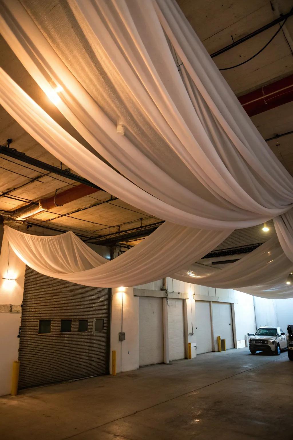 Fabric-draped ceilings add warmth and texture to your garage.