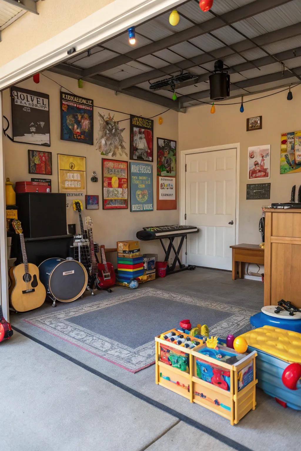 A flexible garage serving dually as a playroom and music studio.