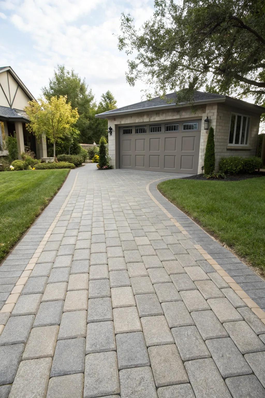 A beautifully designed driveway flowing seamlessly to the garage.