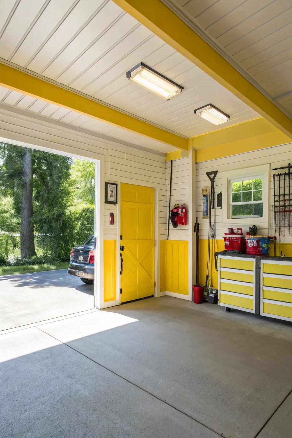 Golden accents contribute cheer and warmth to your garage.
