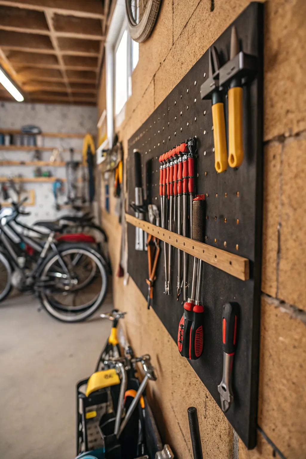 Adhesive strips keep tools organized and within easy reach.