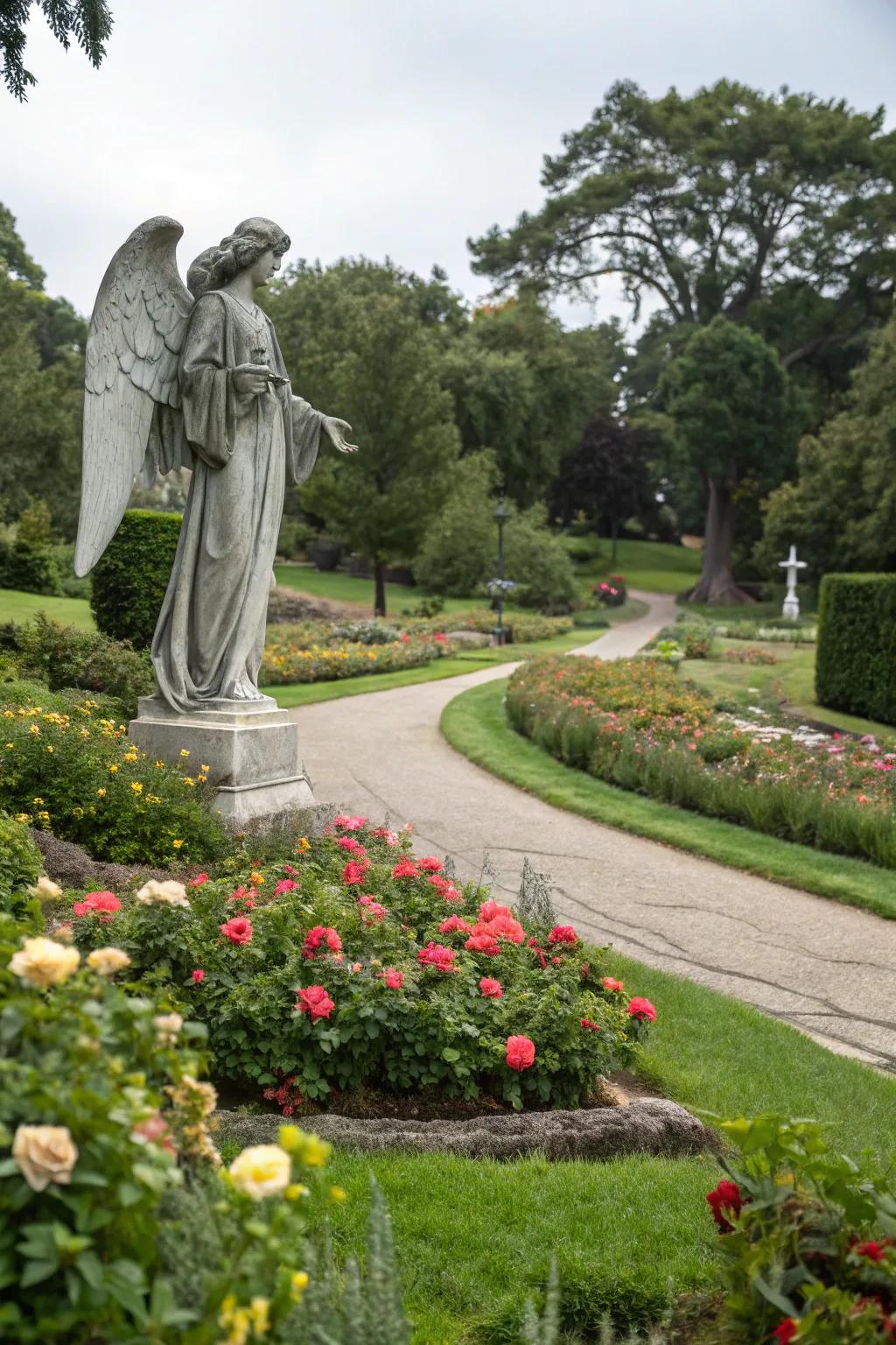 A majestic angel acting as the garden's centerpiece.