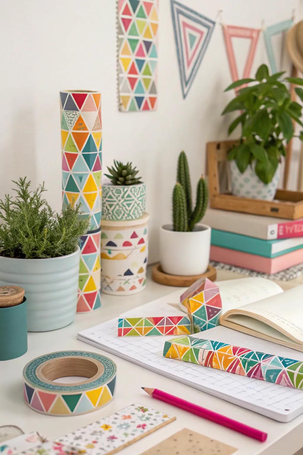 Playful, temporary geometric designs are made possible with washi tape.