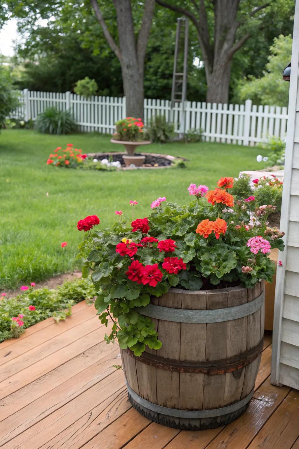 A rustic grape vat bed overflowing with colorful geraniums.