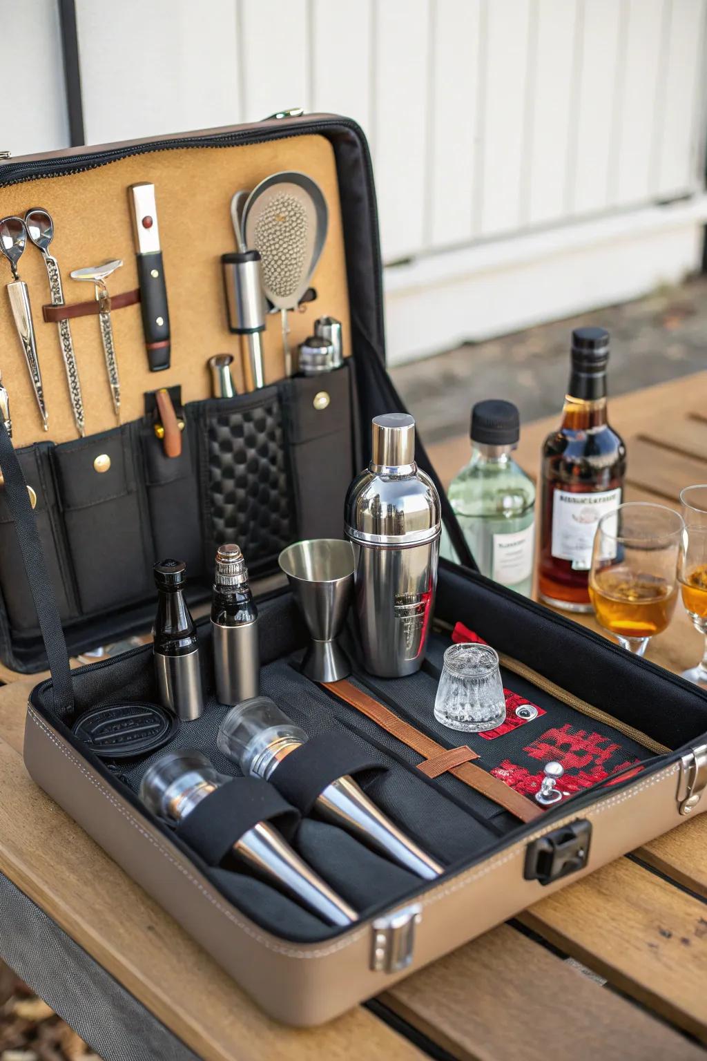 Take your mixology skills on the road with a portable bar assembly.