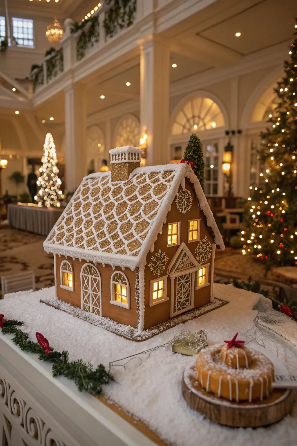 Royal icing patterns bring sophistication and detail to gingerbread roofs.