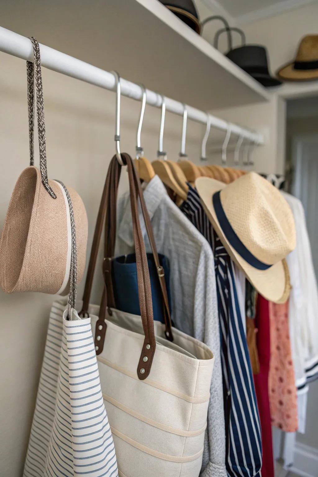 S-shaped hooks make it simple to organize and access accessories.