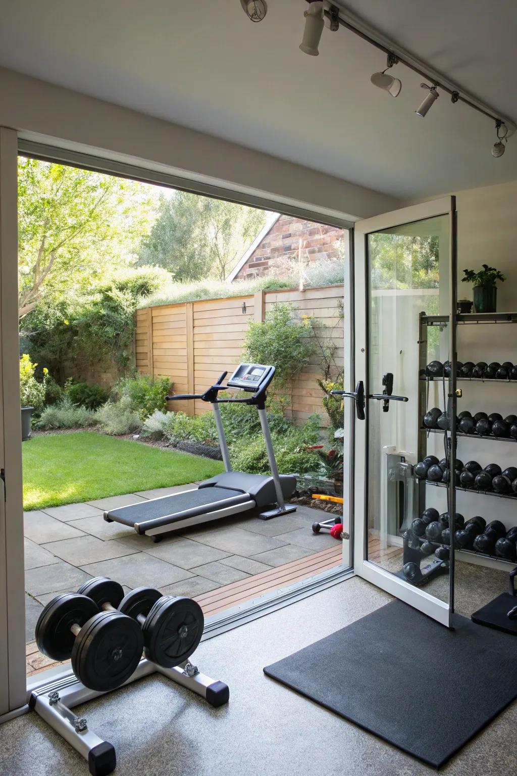 A home gym is enhanced by the openness of a glass garage door.