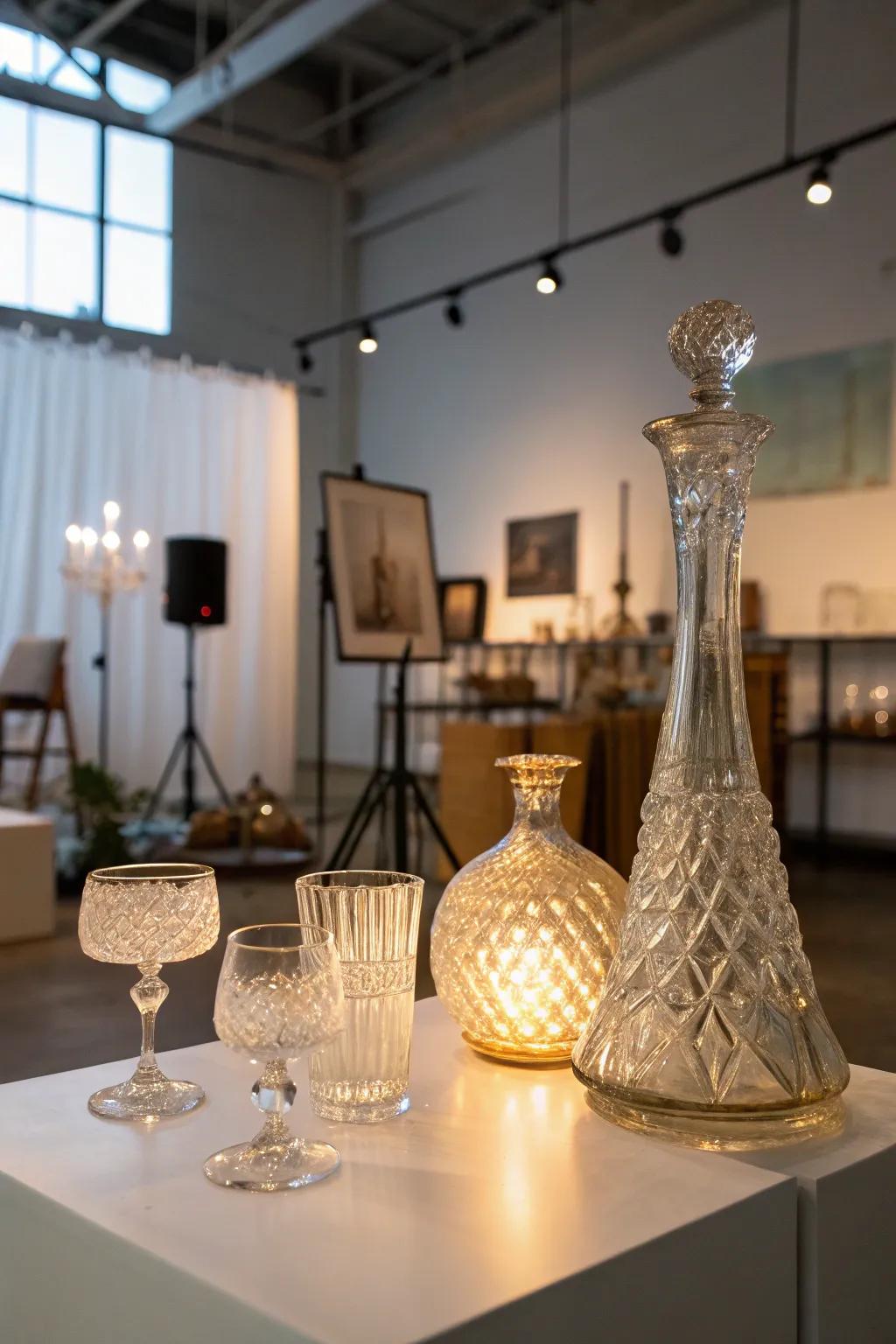 Backlighting achieving a remarkable effect on glassware inside an art studio.