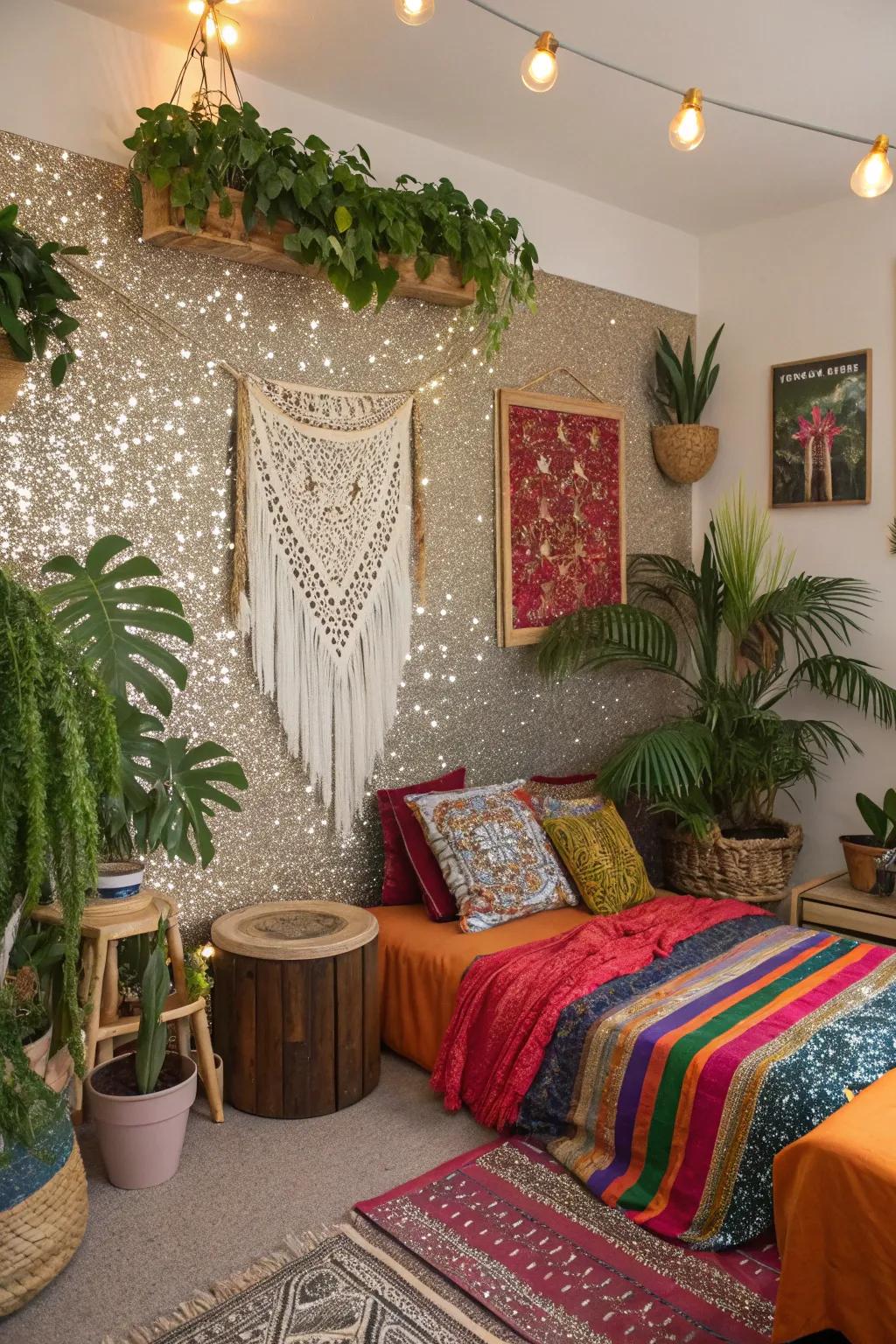 A glitter accent wall contributes to an eclectic boho atmosphere.