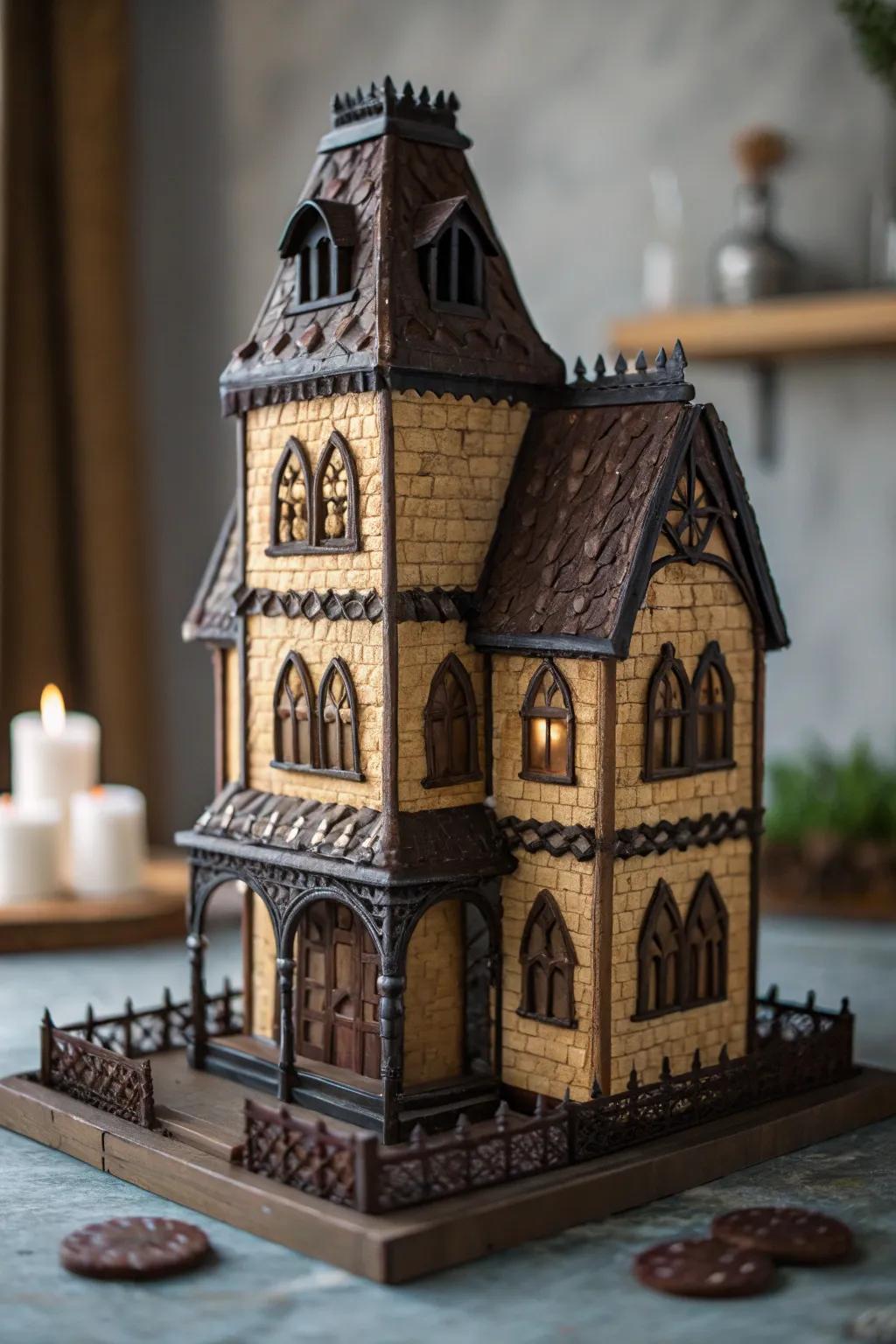 Gothic revival gingerbread house with a mysterious elegance.