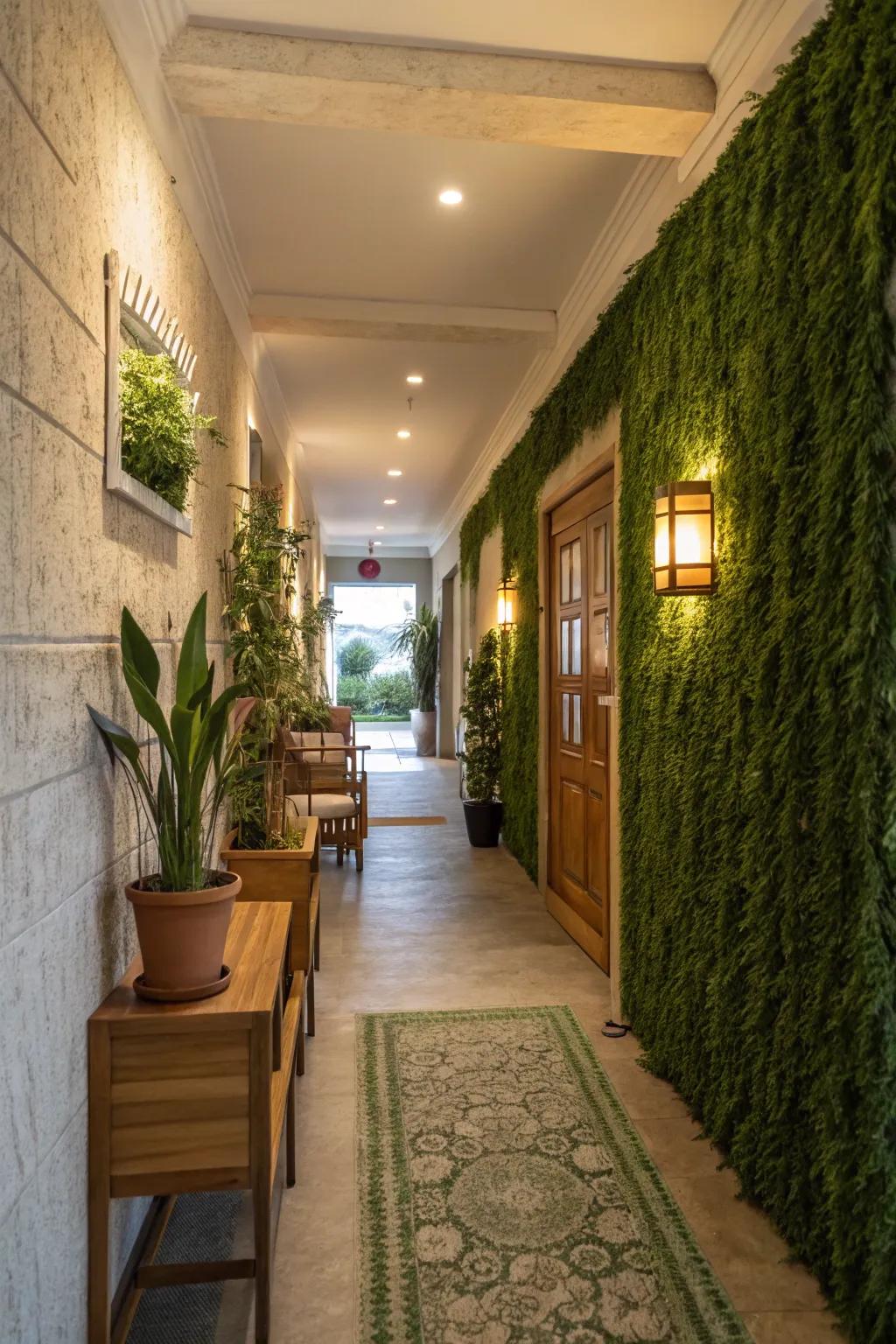 A vegetation-covered partition injects affection and individuality into a formerly unadorned vestibule.