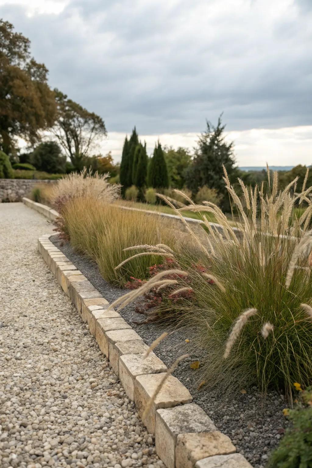A textured gravel flower bed complemented by ornamental grasses
