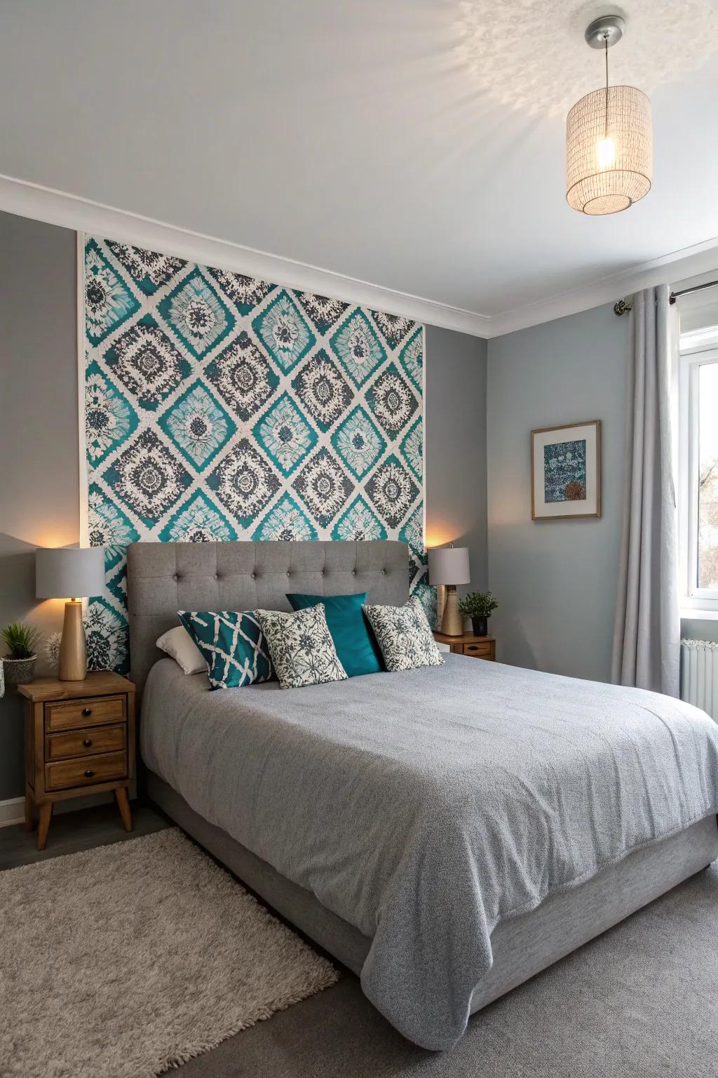 A striking feature wall adding a compelling focal point to a gray bedroom.