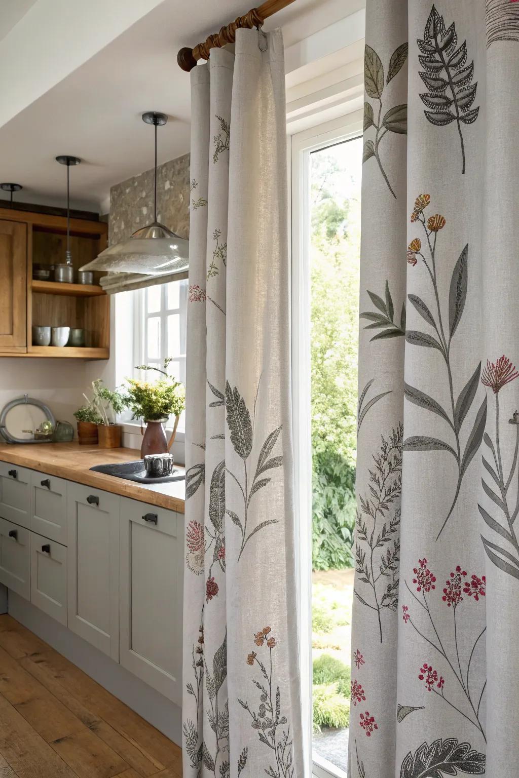 Nature-themed prints on gray drapes for a calming kitchen atmosphere.