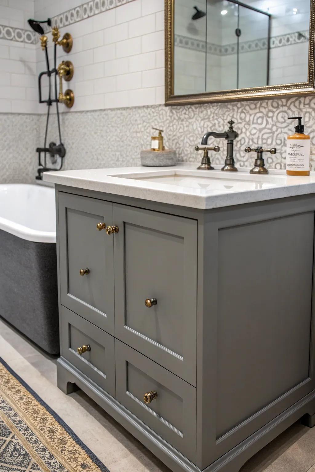 A personalized bathroom features a gray vanity and unique fixtures.