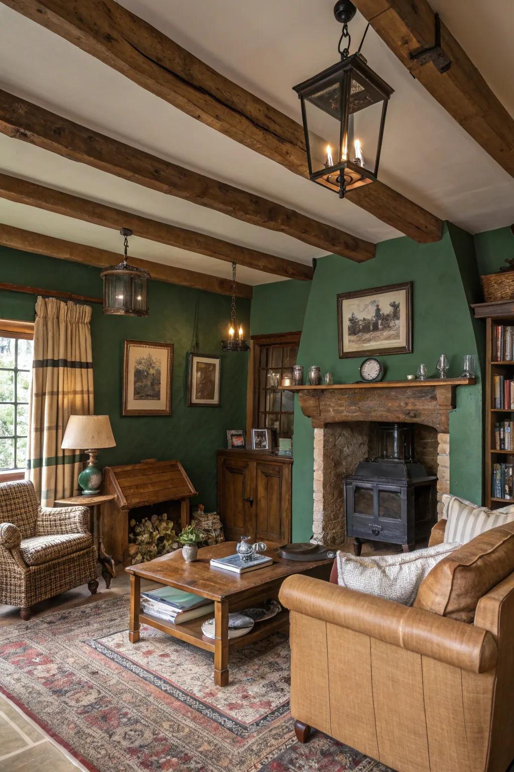 Forest green walls add country charm to this cozy living area.