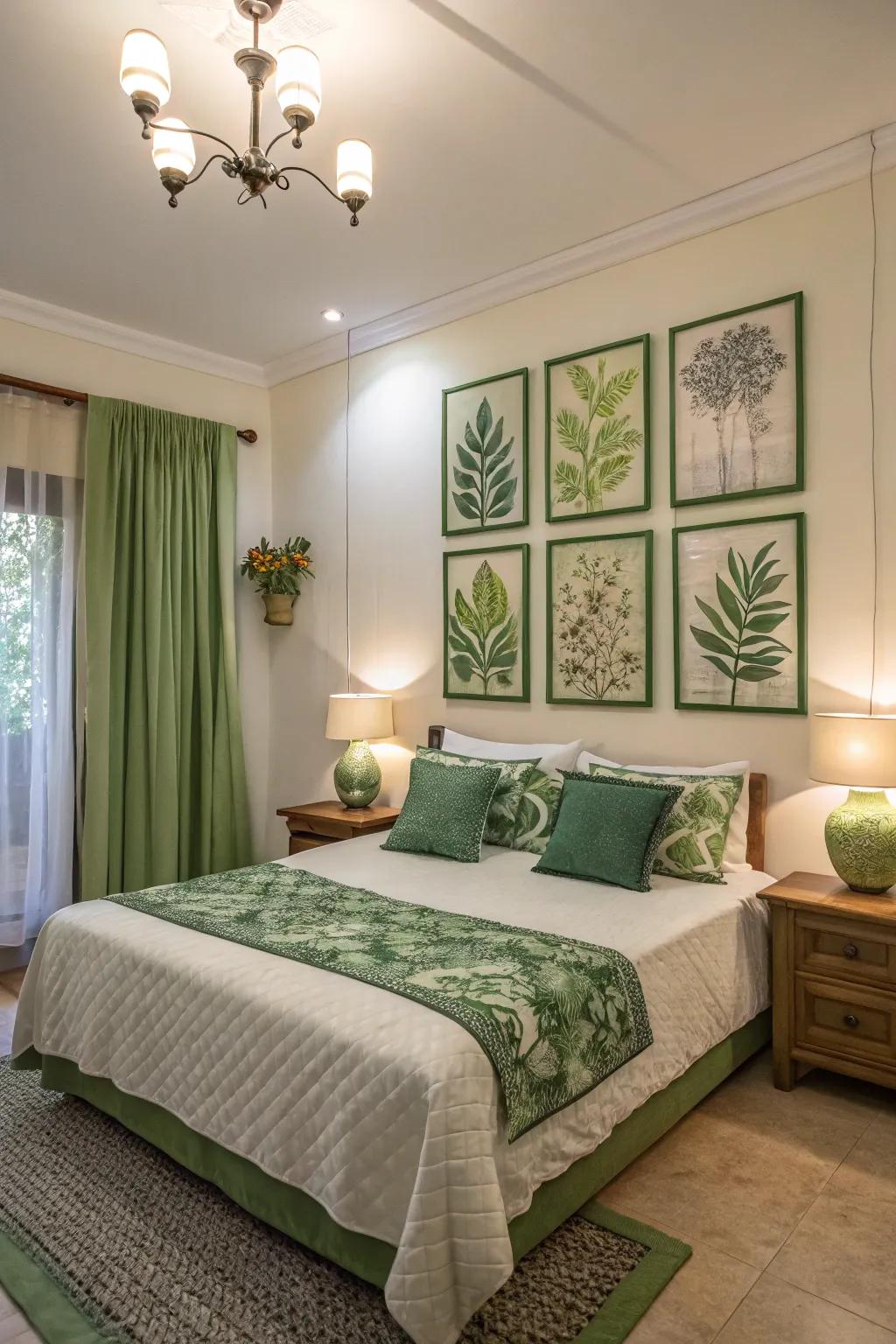 Green art pieces contribute a creative and personal touch to this stylish bedroom.