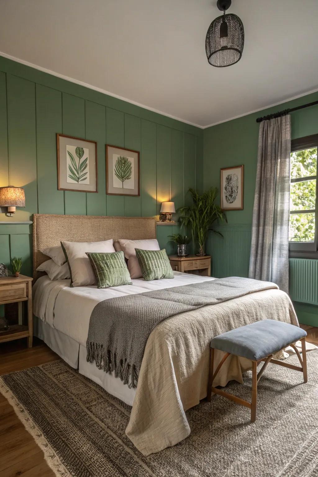 A calming and well-balanced space is created by fusing green with neutrals.