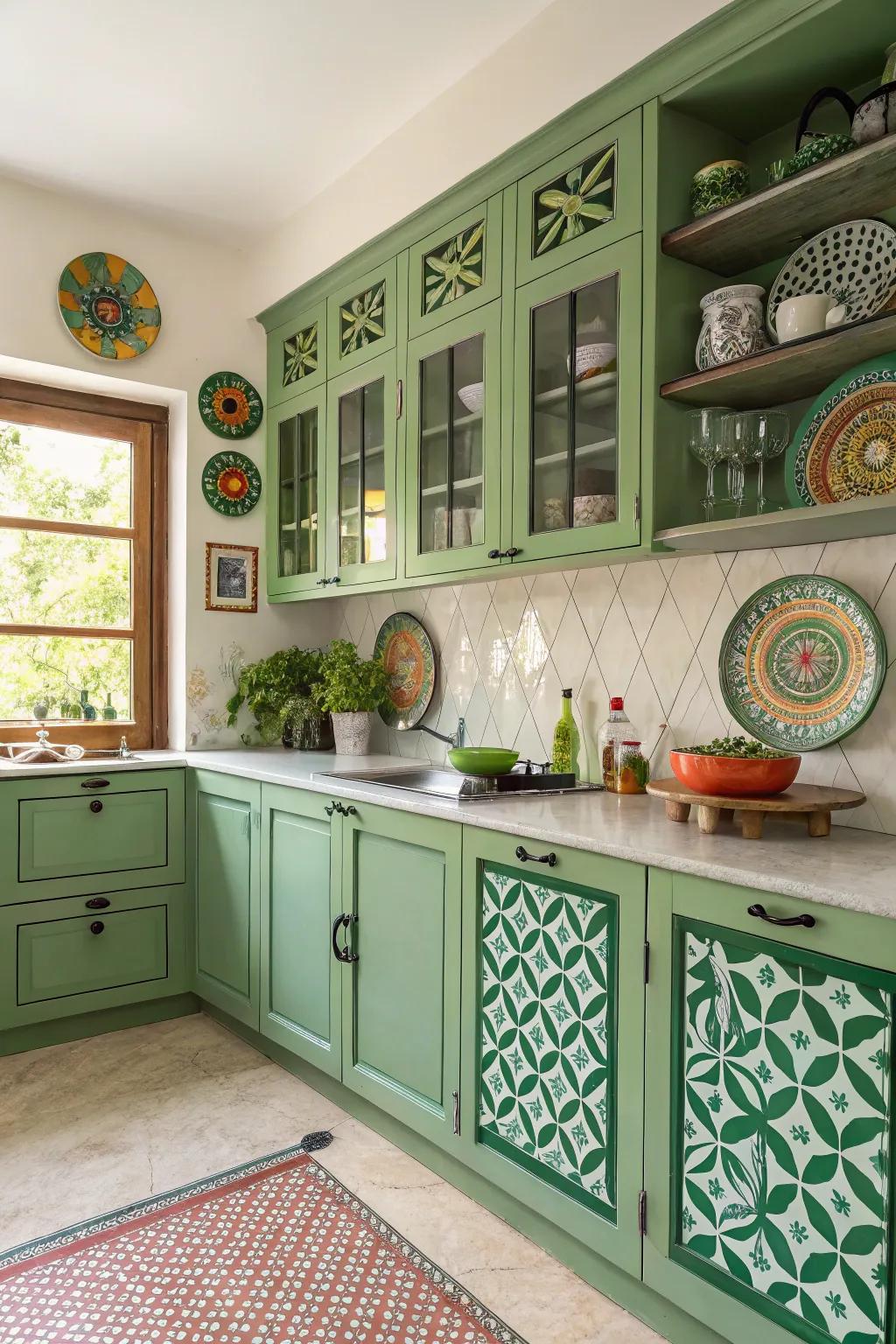 Artistic kitchen featuring bold geometric designed green cabinets.