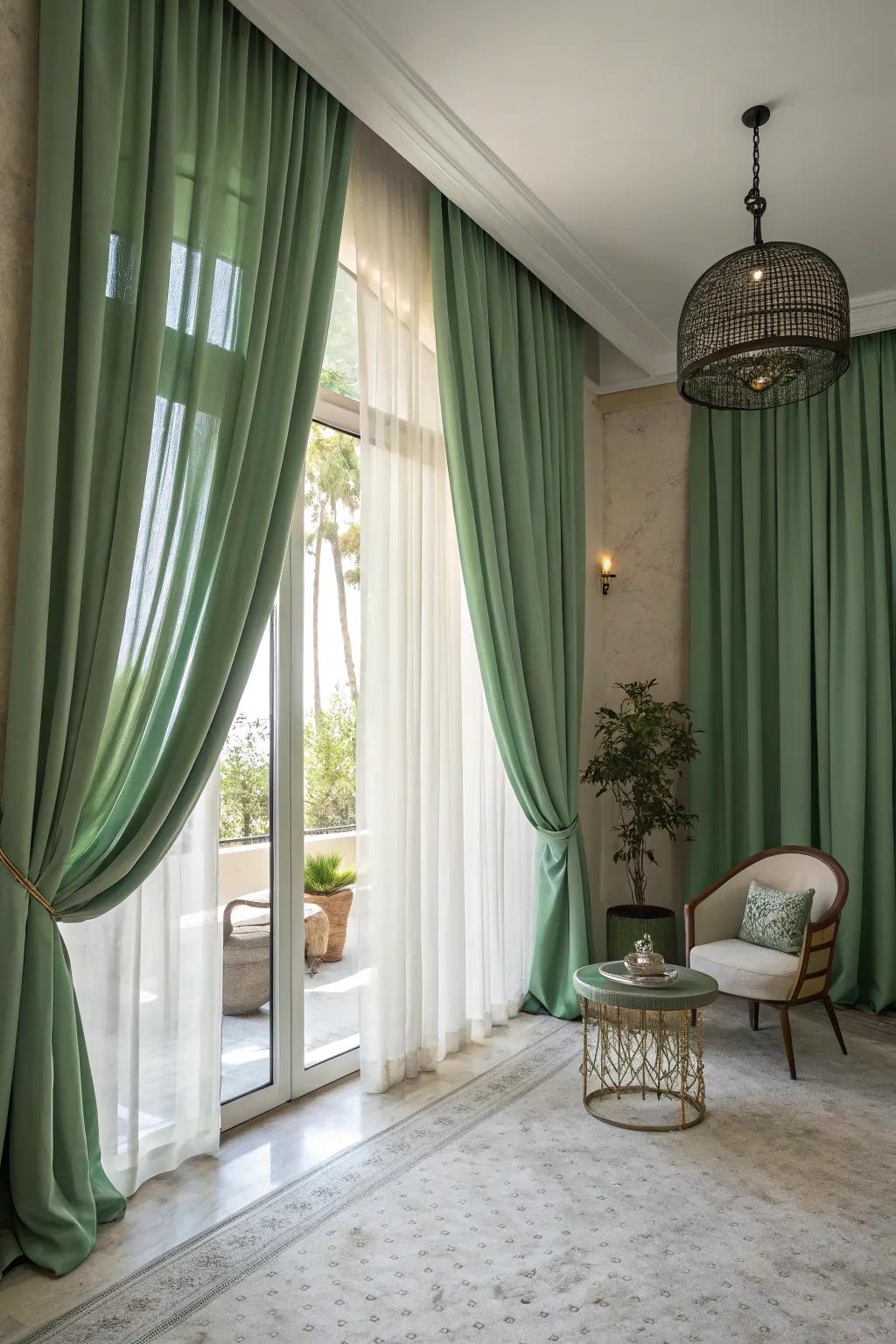 Green curtains add sophistication also softly filter light.