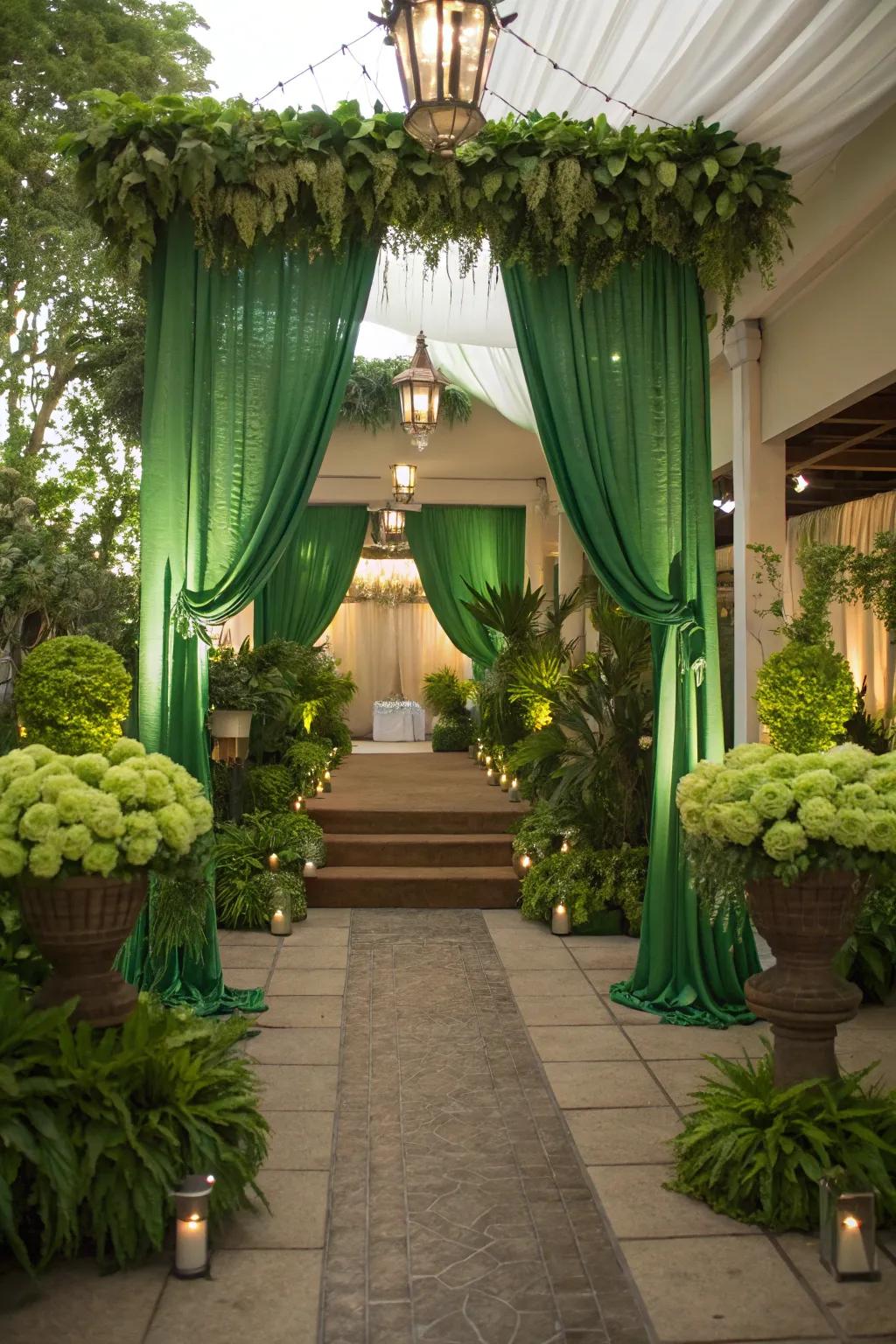 A charming wedding setup with emerald accents.