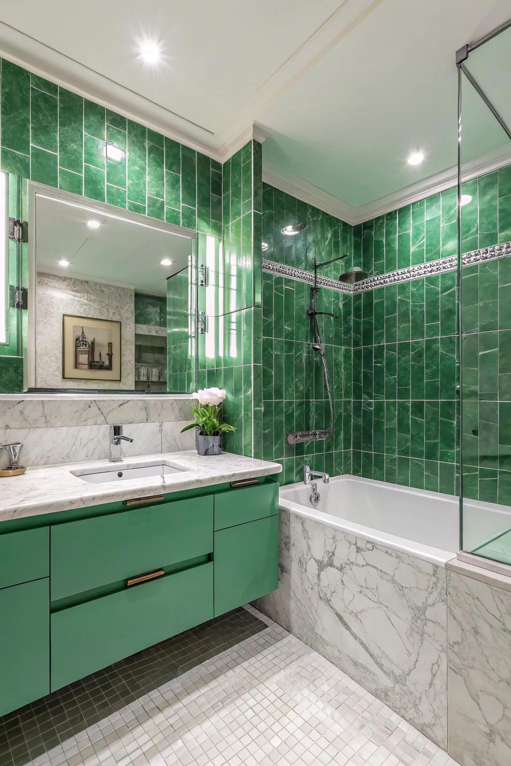 Marble and green tiles together for a luxurious look.