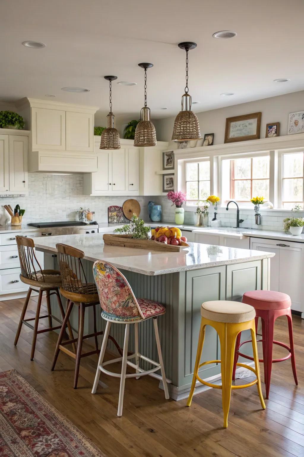 Eclectic mixed assortment of seating within a modern kitchen