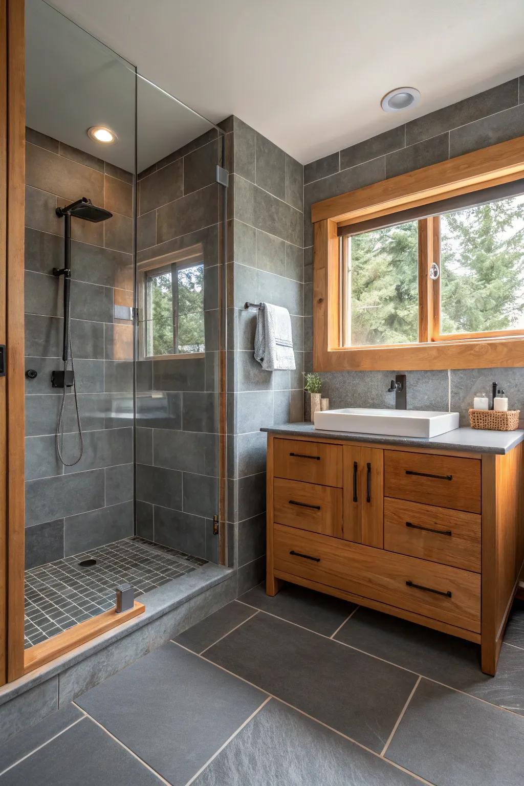 Warm wood tones complement the cool grey bathroom.