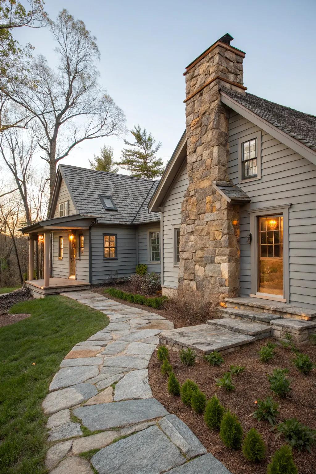 Country stone elements add an earthy touch to grey exteriors.