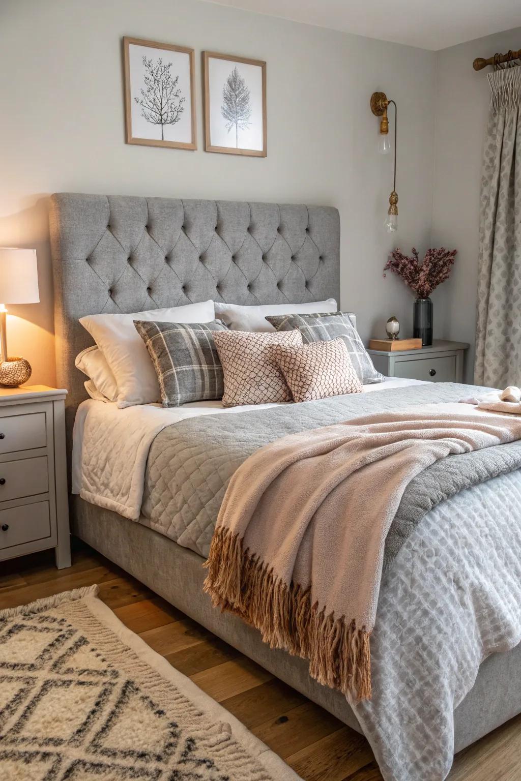 Blended textures bring depth and warmth to a bedroom featuring a grey headboard.