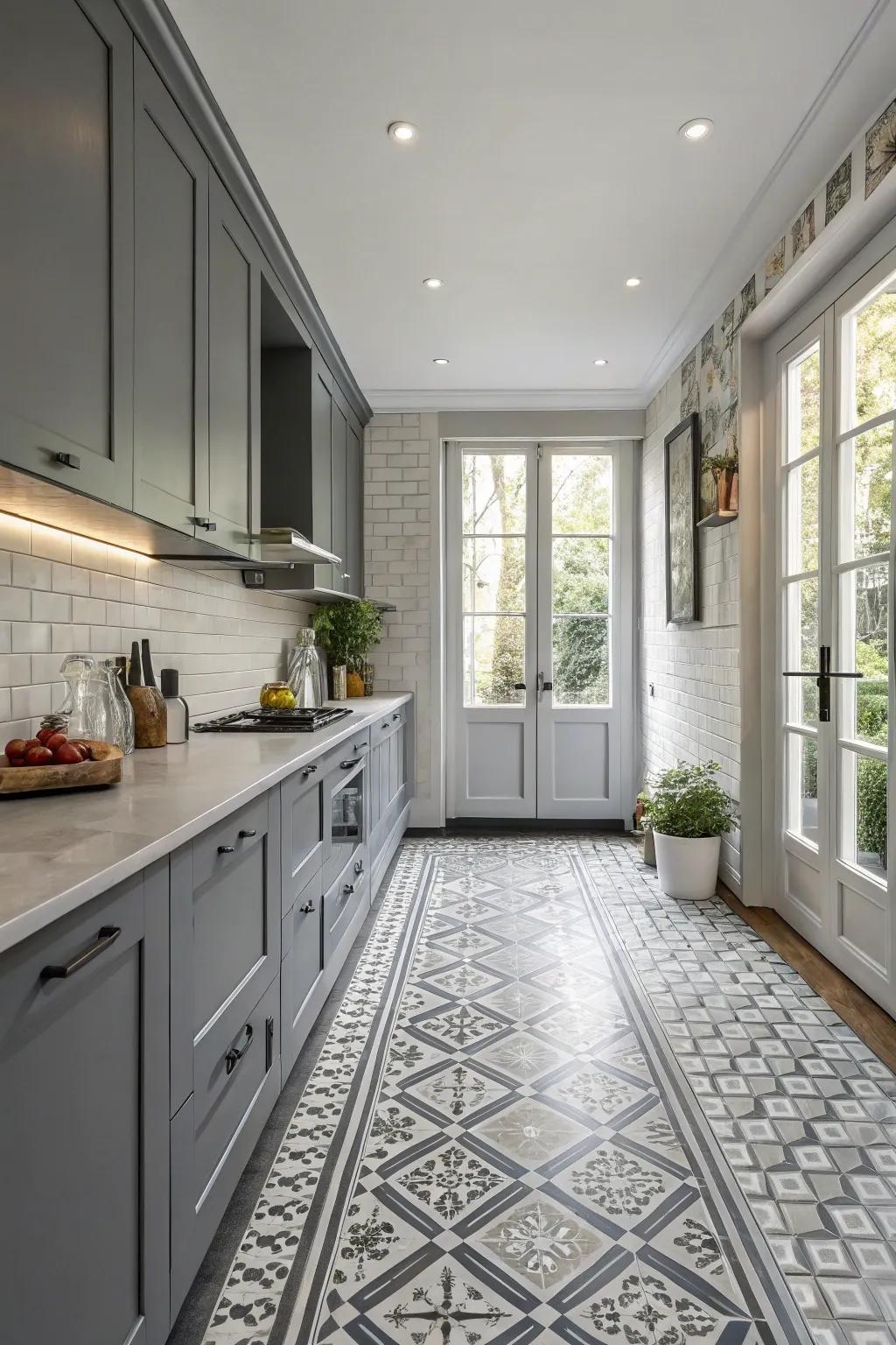 Geometric layouts infuse a grey kitchen with ingenuity and cheerfulness.