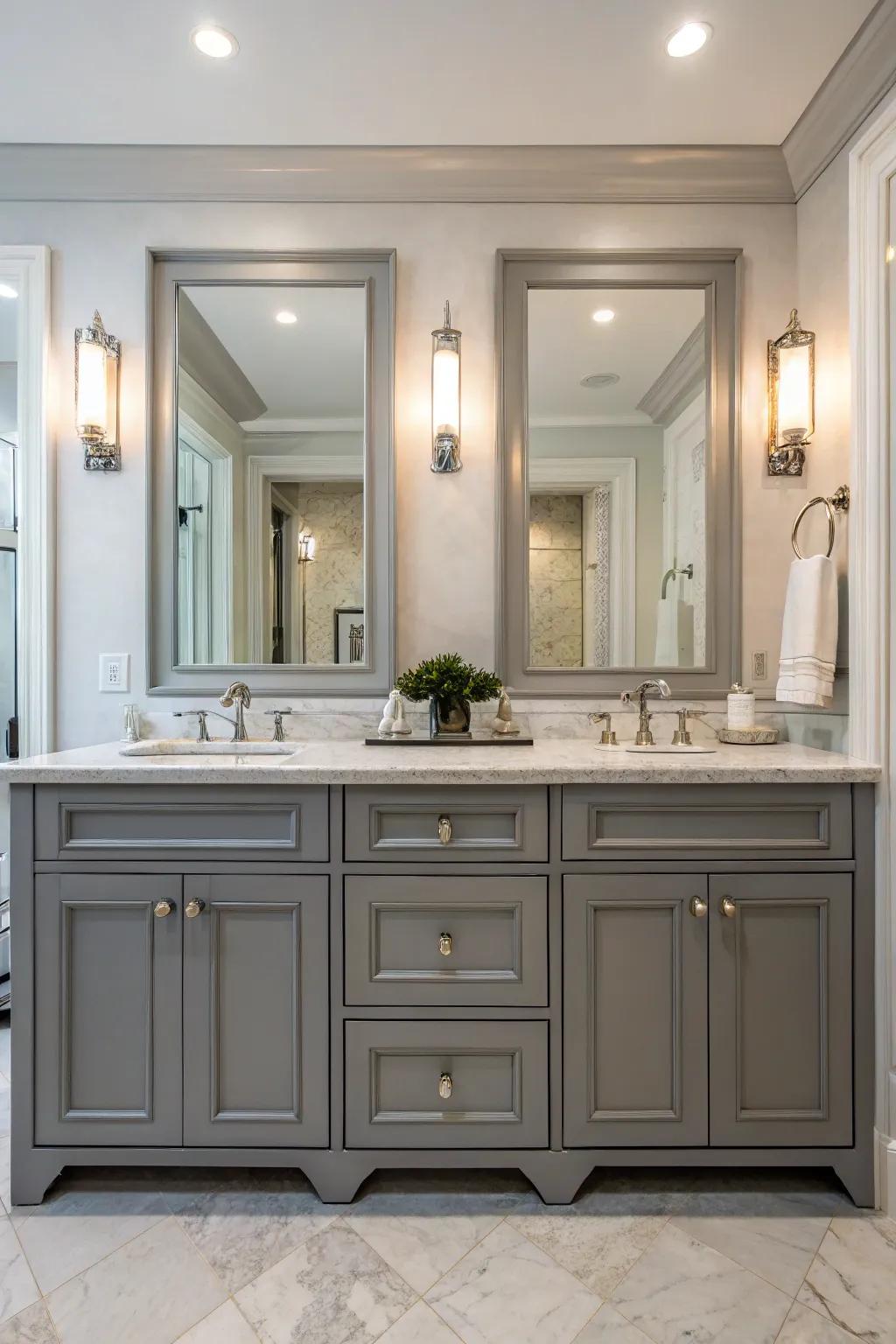 Symmetrical twin vanities provide balance and style in shared areas.
