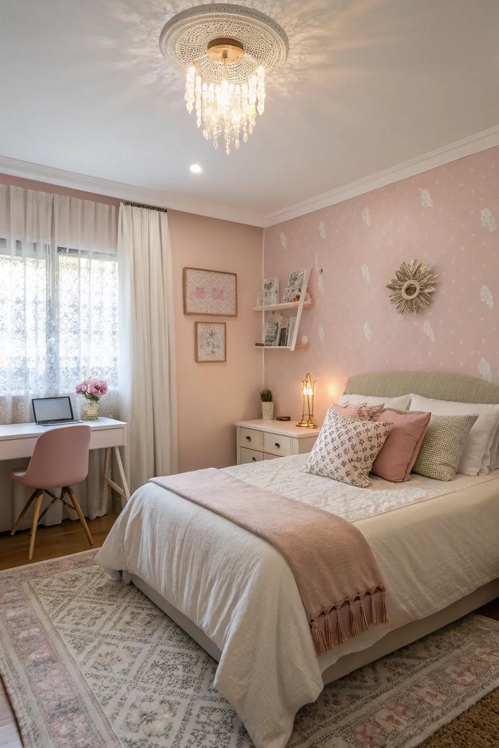 A guest room with subtle blush pink for a gentle ambiance.