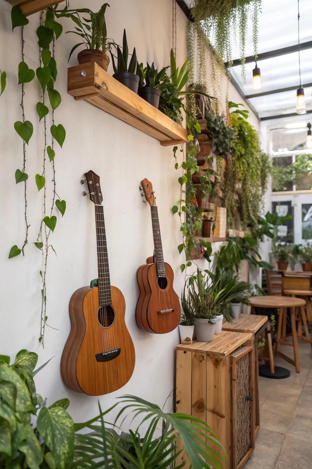 Guitars displayed with plants adding a natural touch.