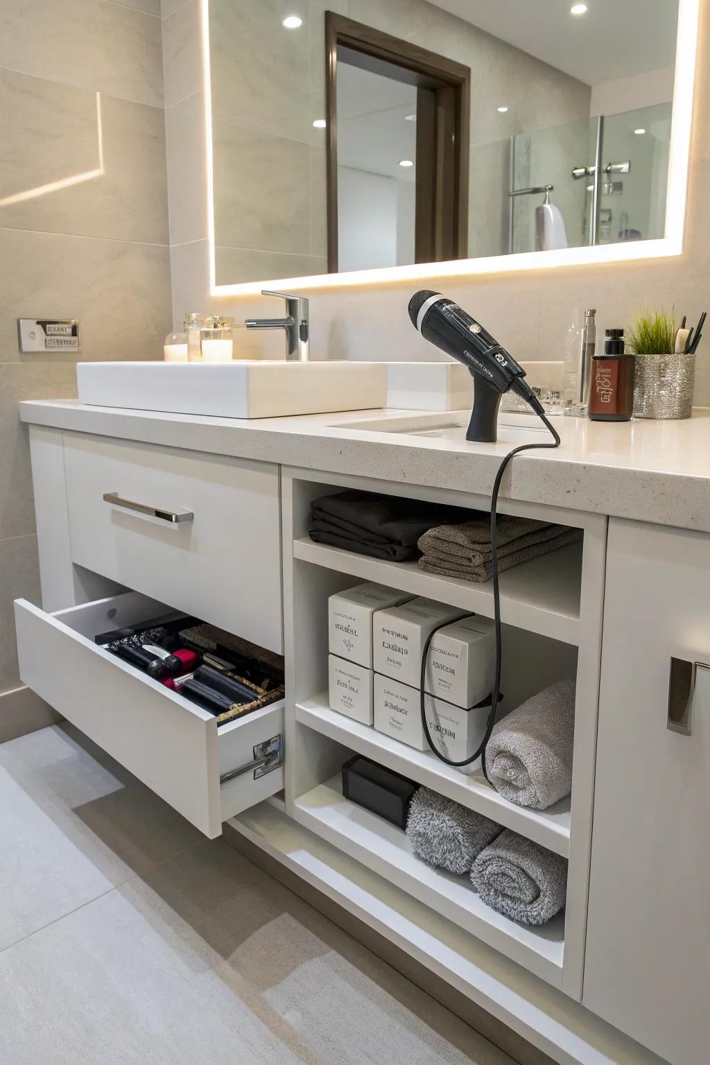 Streamlined preset vanity cubbies for discreet and organized storage.