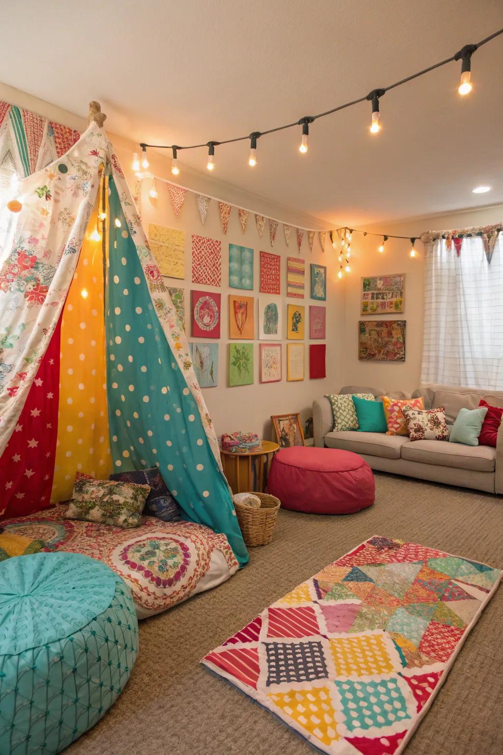 A playful family room featuring vibrant textile panels.