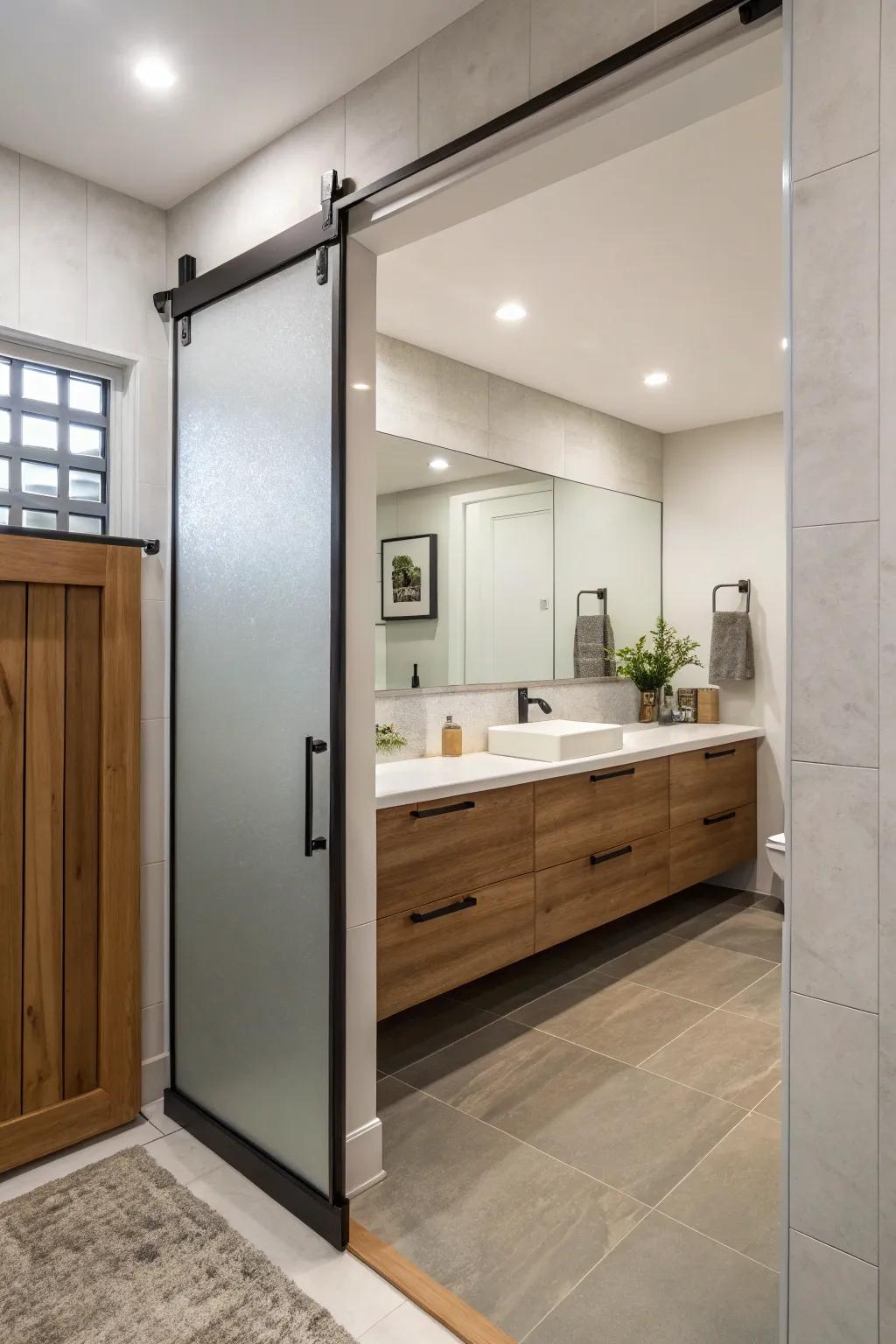 A sliding door adds modern flair and saves space in a hall bathroom.