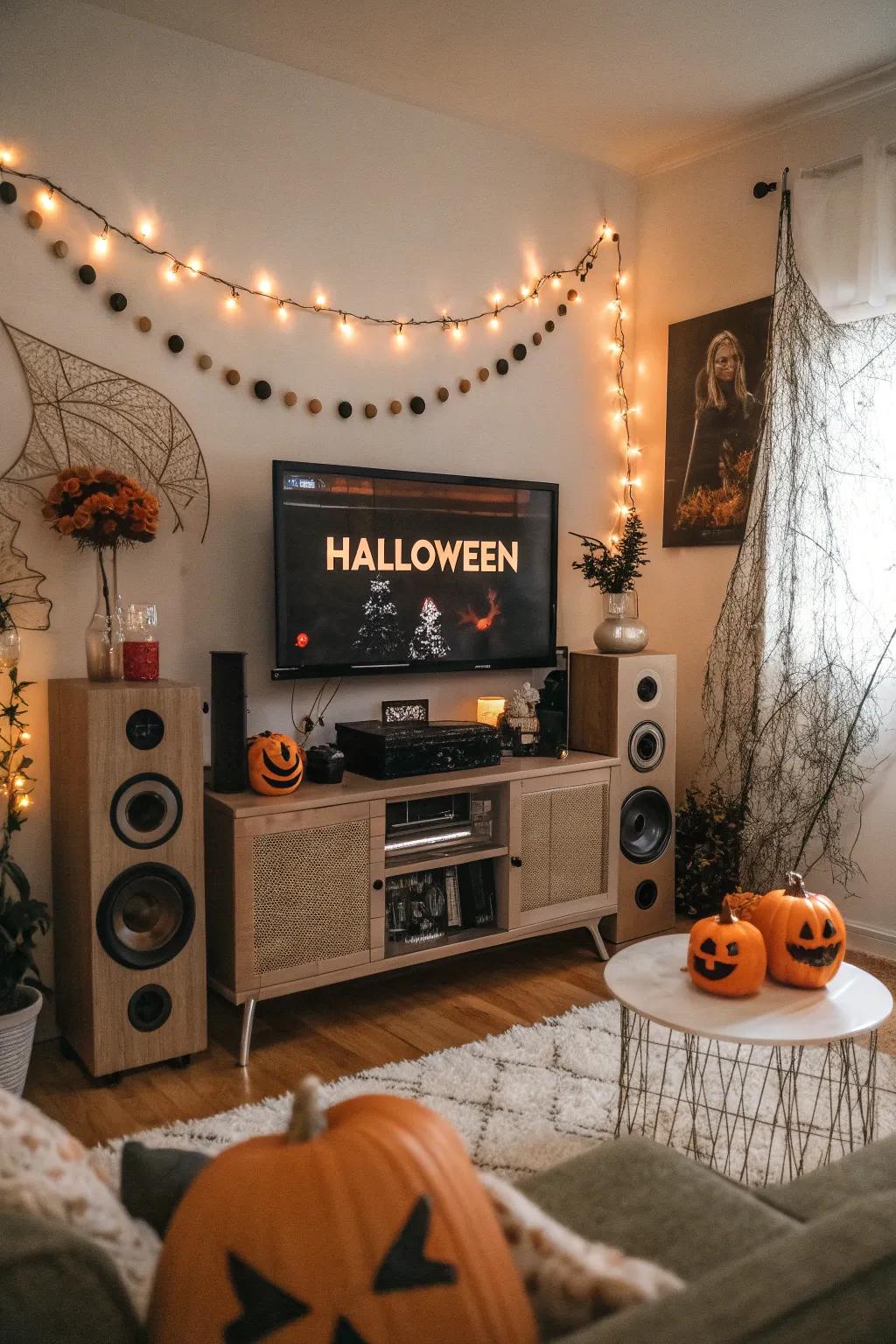 A Halloween playlist with spooky tunes sets a hauntingly fun mood