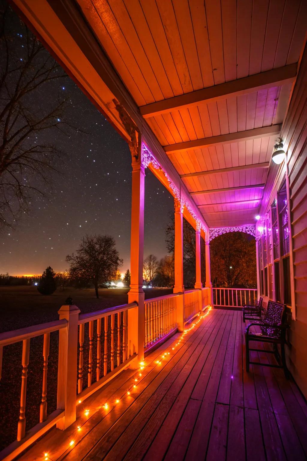 Colored lights cast an eerie radiance, ideal for Halloween.