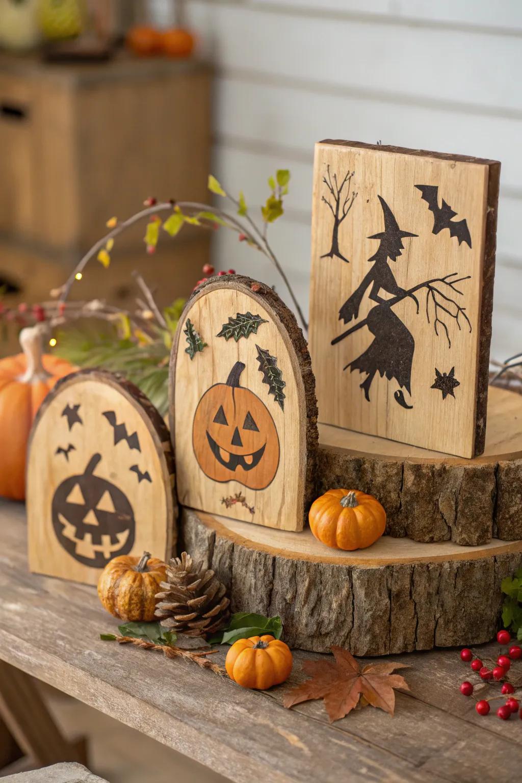 Rustic timber plaques shepherding nature into Halloween design.