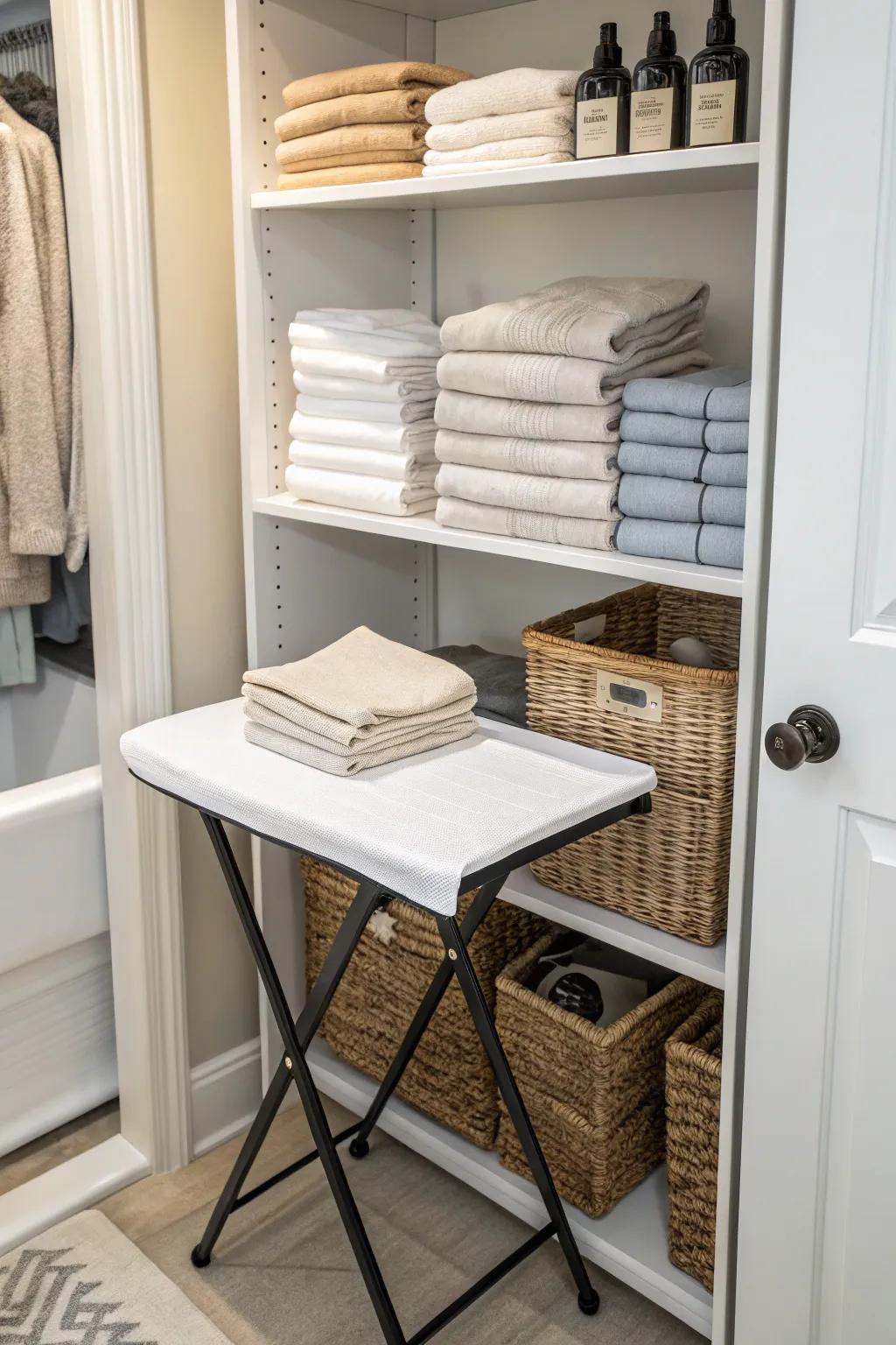 A folding station makes organizing your linen closet extra convenient.