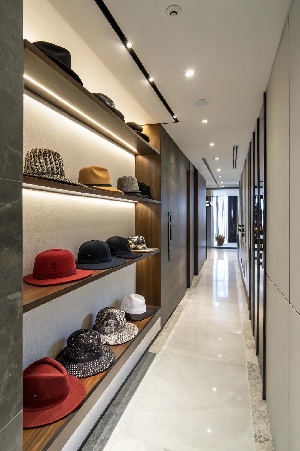 Hats displayed on shelves.