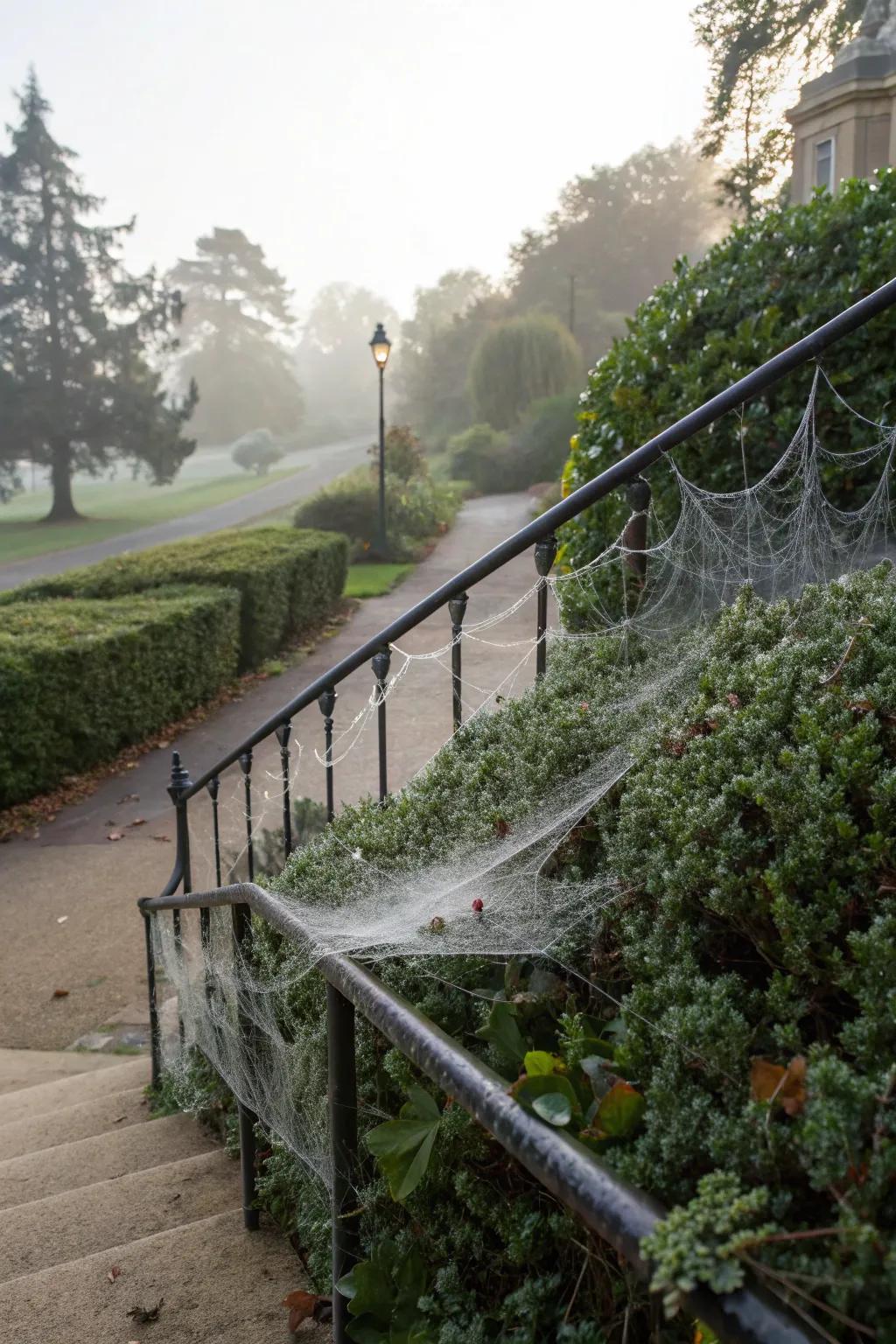 Cobwebs and spiders bring a classic haunted look to your outdoor decor.