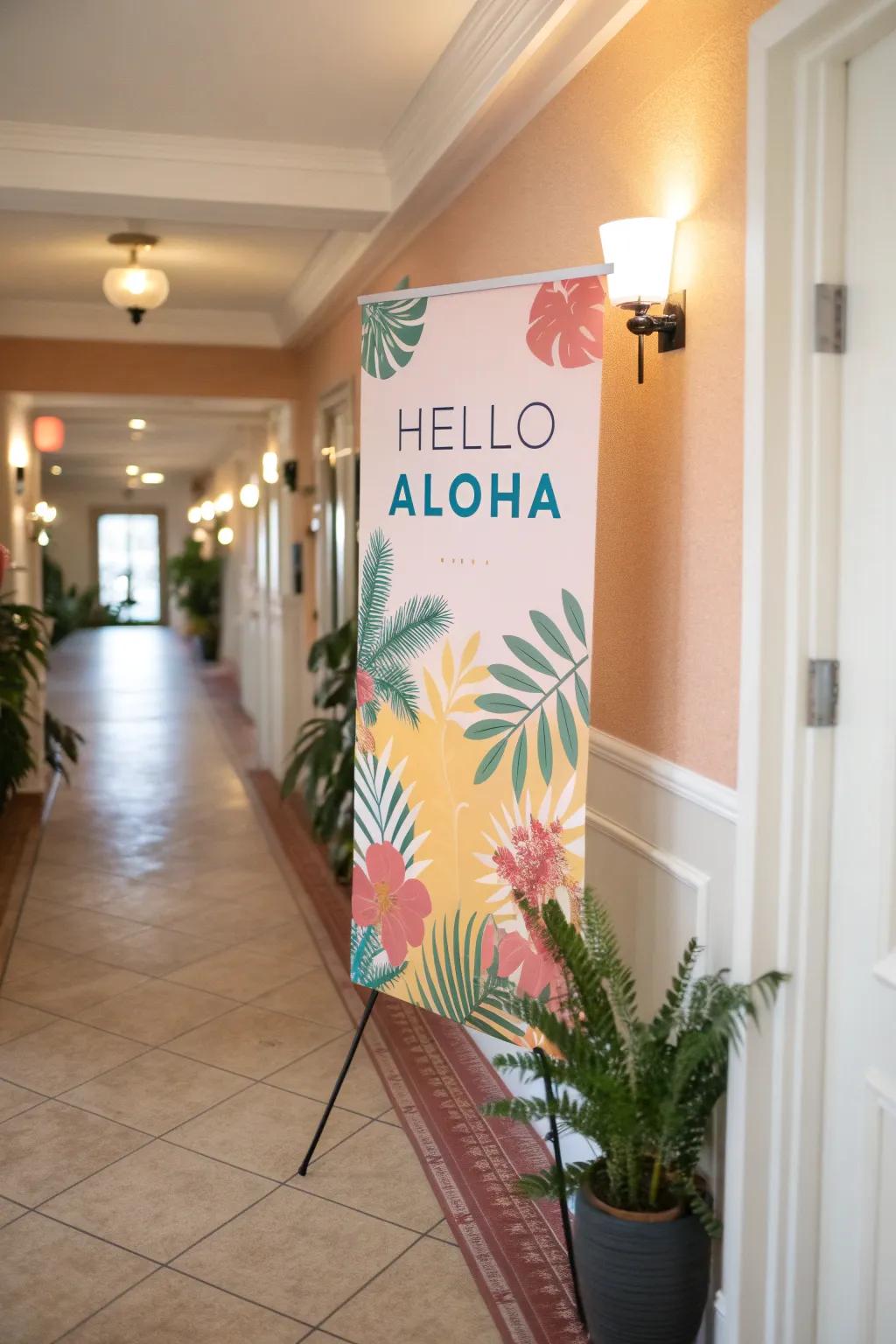 An artwork with 'Hello Island Welcome' wording delivering an affectionate greeting in a hallway.