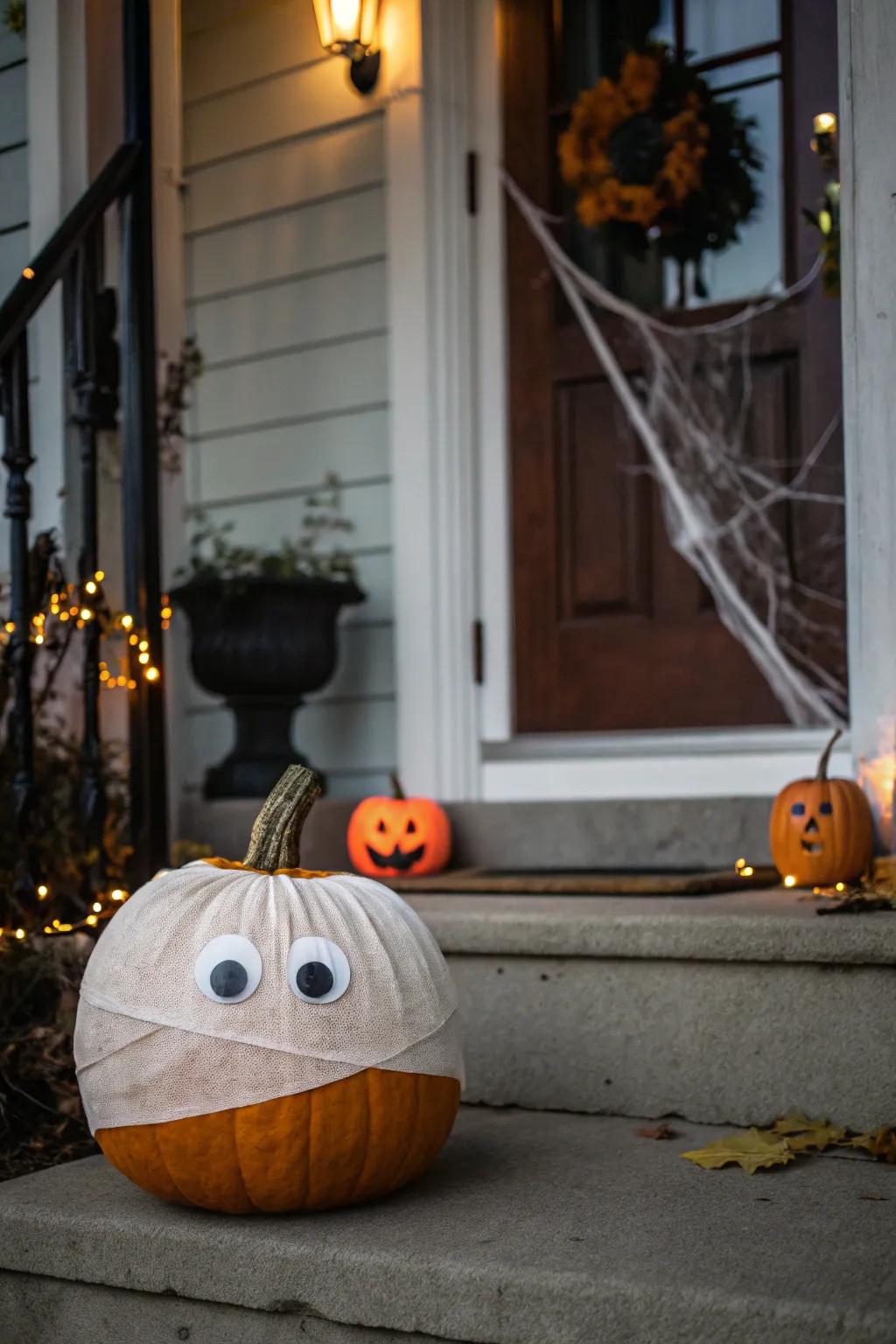 A mummy pumpkin enveloped in bandage for a spooky healthcare-themed decoration.