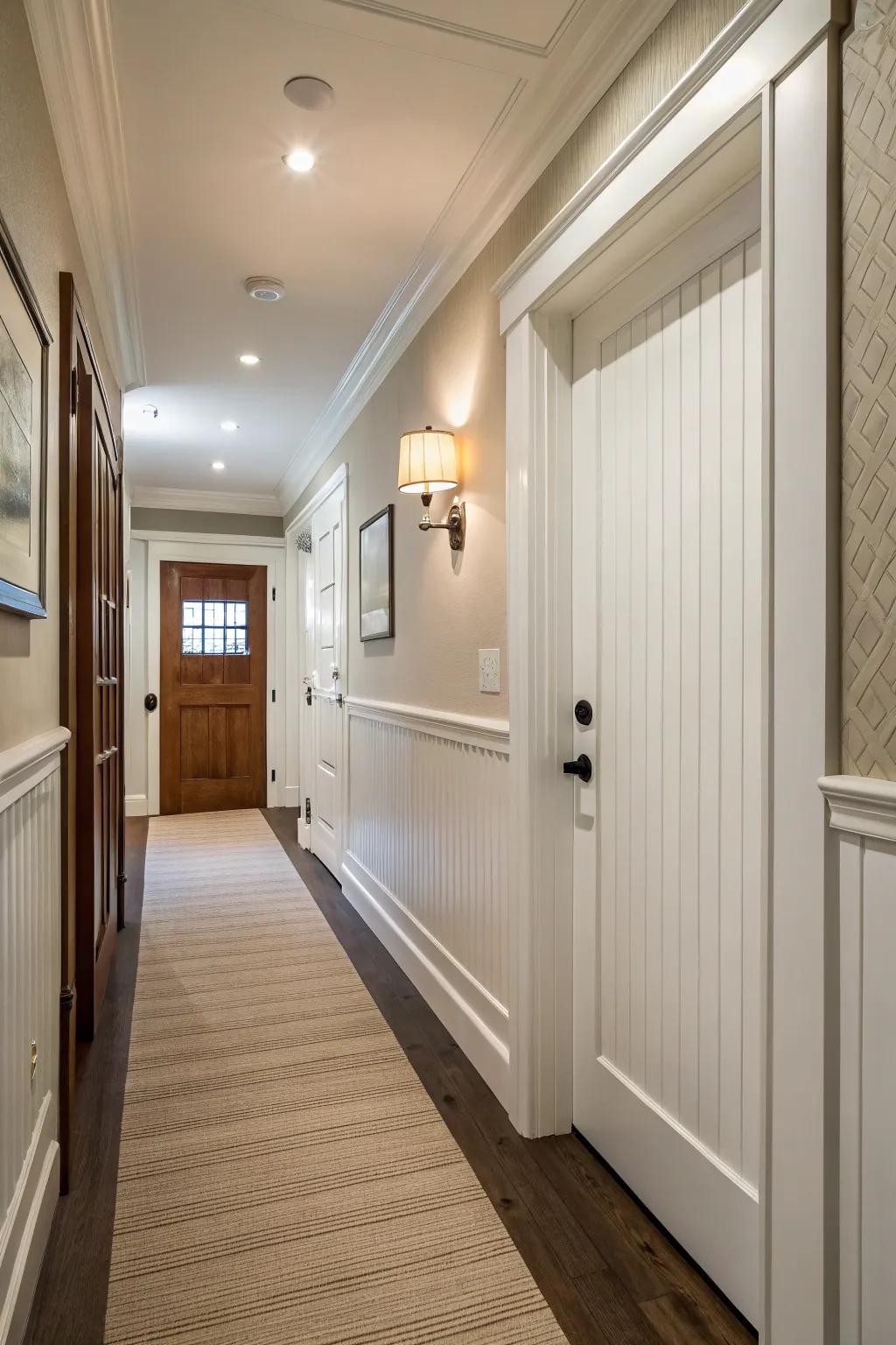 A hallway featuring a hidden door in beadboard paneling.