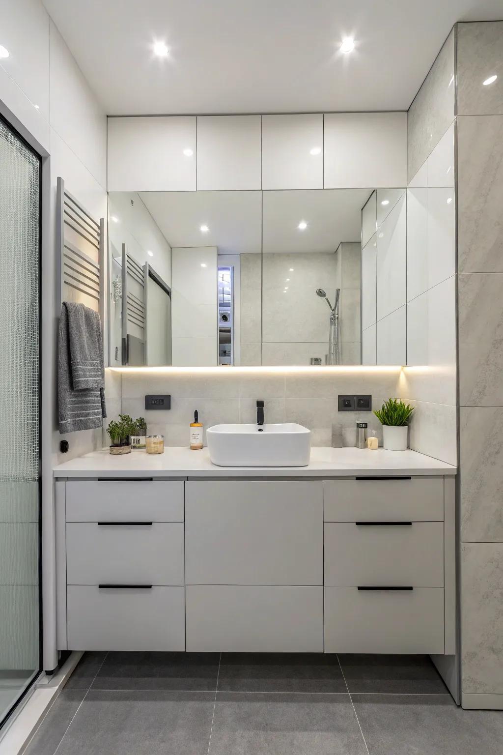 Unseen pulls keeping up a sleek restroom design.