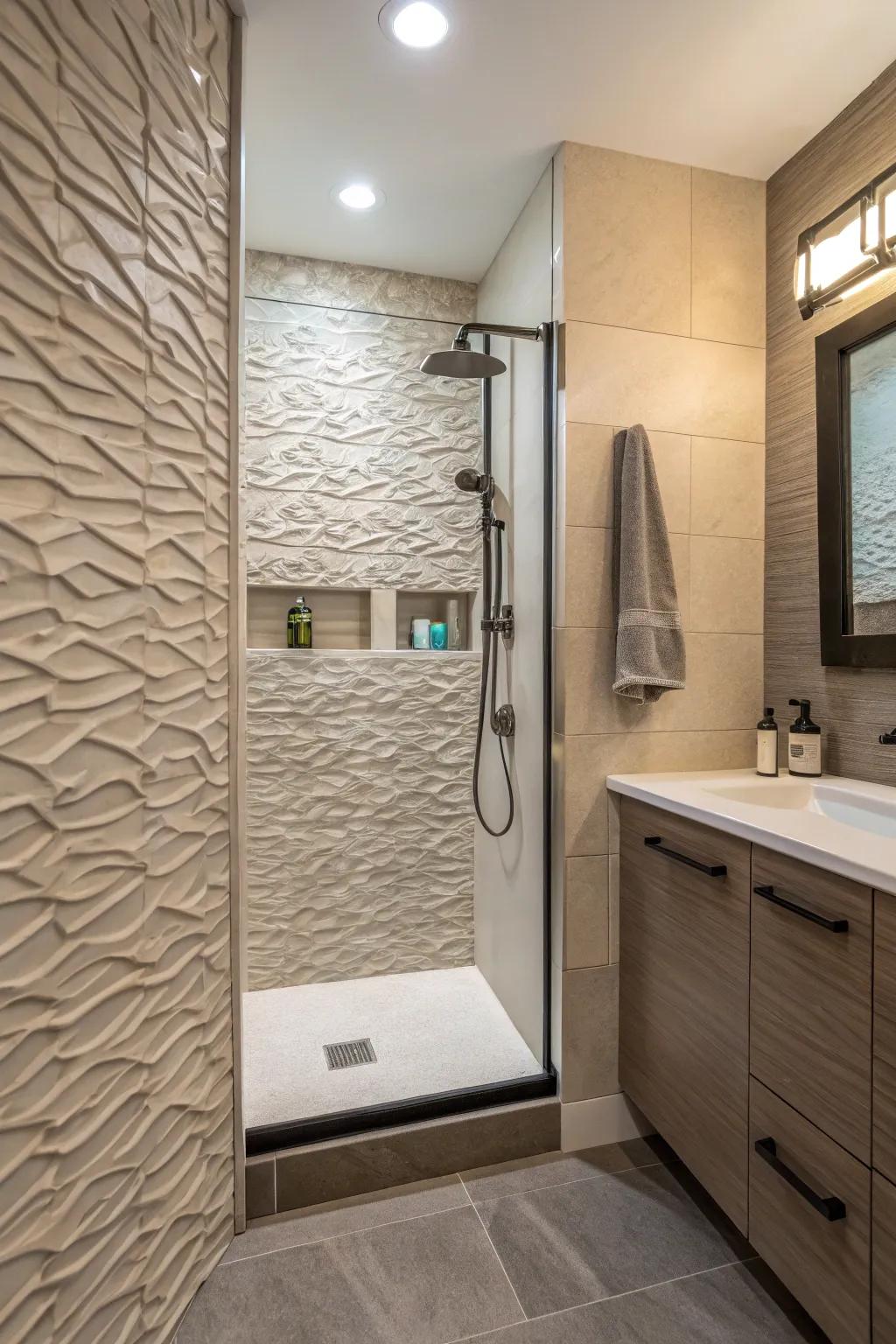 Sculpted accent partitions impart dimension to hidden shower designs.